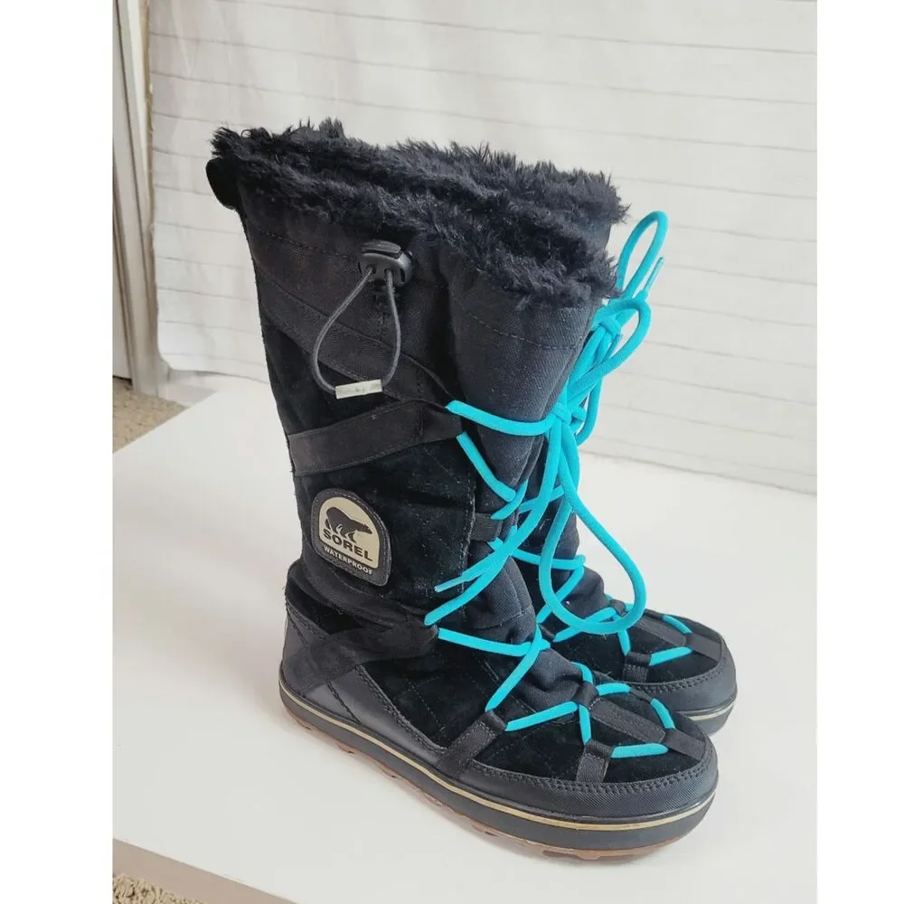 Sorel Glacy Explorer Suede Waterproof Tall Boots  in Black, sz 9